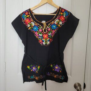 Mexican Floral Embroidered Top Shirt NEW Black Colorful Handmade Mexico